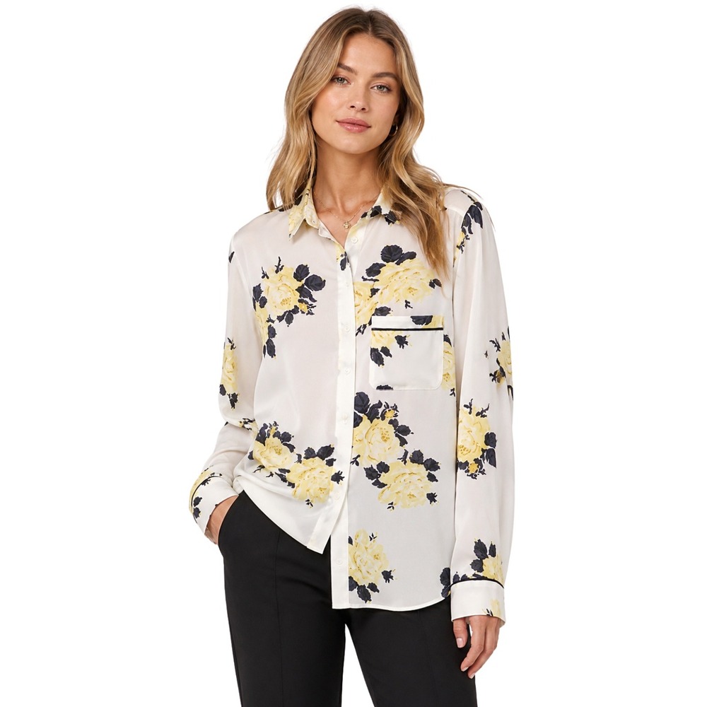 Ganni Top Womens Small 34 Vanilla Ice Yellow Floral Rose Crepe Button Down Shirt